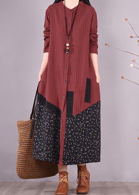 Beautiful Red Patchwork Print Dress O Neck Pockets Traveling Spring Dresses - bagstylebliss