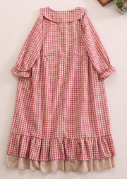 Beautiful Red Plaid Peter Pan Collar Ruffled Cotton Dresses Spring