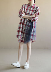 Beautiful Red Plaid Ruffled Patchwork Tulle Cotton Linen Shirt Dress Long Sleeve