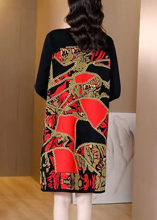 Beautiful Red Print Patchwork Cotton Knit Mid Dress Winter