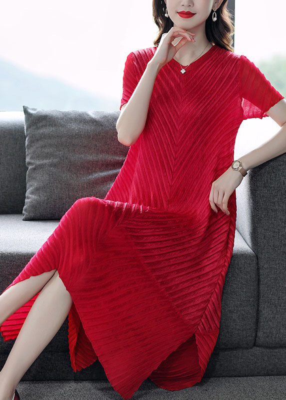 Beautiful Red Solid Color V Neck Wrinkled Silk Long Dress Short Sleeve