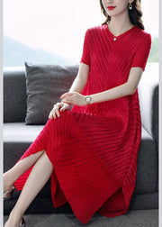 Beautiful Red Solid Color V Neck Wrinkled Silk Long Dress Short Sleeve