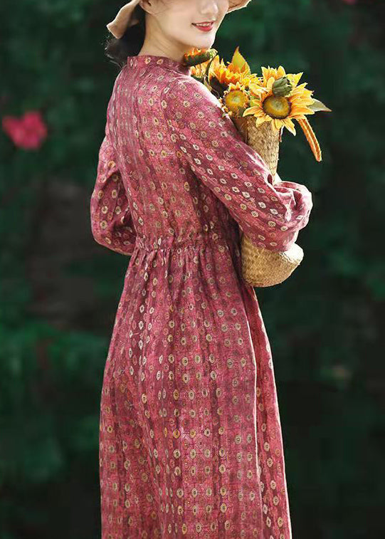 Beautiful Red Stand Collar drawstring Print Linen Dress Long Sleeve