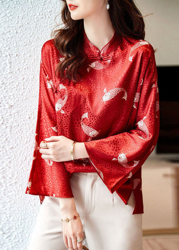 Beautiful Red Stand Collar print Silk Blouse Tops flare sleeve