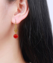 Beautiful Red Sterling Silver Overgild Agate Graphic Drop Earrings