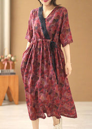 Beautiful Red V Neck Tie Waist Wrinkled Print Linen Cinch Dresses Short Sleeve