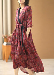 Beautiful Red V Neck Tie Waist Wrinkled Print Linen Cinch Dresses Short Sleeve