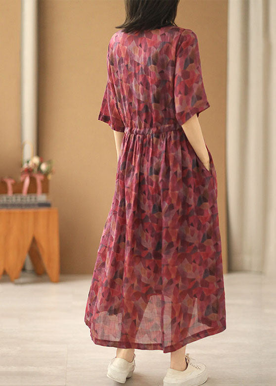 Beautiful Red V Neck Tie Waist Wrinkled Print Linen Cinch Dresses Short Sleeve