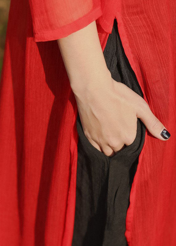 Beautiful Red side open Pockets chiffon Long Dress Three Quarter sleeve