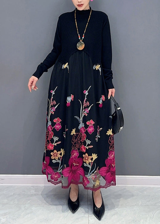 Beautiful Rose Turtleneck Embroidered Tulle Patchwork Dress Fall