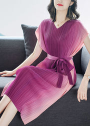 Beautiful Rose Wrinkled Tie Waist Chiffon Vacation Dresses Summer