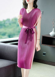 Beautiful Rose Wrinkled Tie Waist Chiffon Vacation Dresses Summer