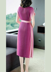 Beautiful Rose Wrinkled Tie Waist Chiffon Vacation Dresses Summer