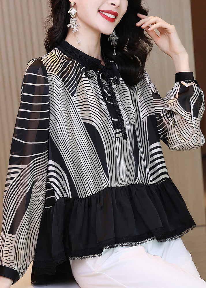 Schöne Rüschen Striped Patchwork Chiffon Shirt Tops Langarm