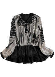 Beautiful Ruffles Striped Patchwork Chiffon Shirt Tops Long sleeve