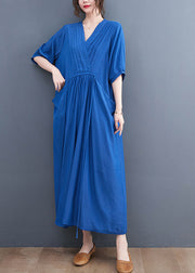 Beautiful Solid Blue Wrinkled V Neck Tie Waist Cotton Long Dress Short Sleeve