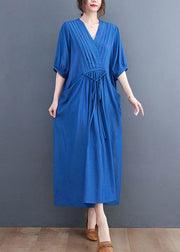 Beautiful Solid Blue Wrinkled V Neck Tie Waist Cotton Long Dress Short Sleeve