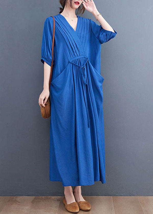 Beautiful Solid Blue Wrinkled V Neck Tie Waist Cotton Long Dress Short Sleeve