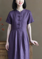 Beautiful Solid Purple Stand Collar Cinched Button Linen Cinch Dress Short Sleeve