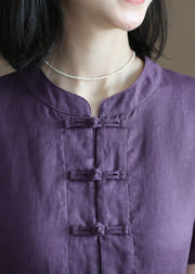 Beautiful Solid Purple Stand Collar Cinched Button Linen Cinch Dress Short Sleeve