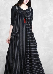 Beautiful Spaghetti Strap Patchwork Quilting Dresses Work Black Striped Kaftan Dresses - bagstylebliss