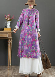 Beautiful Stand Collar Chinese Button Spring Outfit Catwalk Purple Print Maxi Dresses - bagstylebliss
