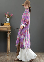 Beautiful Stand Collar Chinese Button Spring Outfit Catwalk Purple Print Maxi Dresses - bagstylebliss