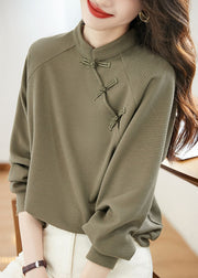 Beautiful Stand Collar Green Button Patchwork Cotton Top Fall