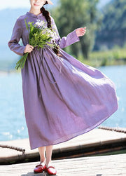 Beautiful Stand Collar Patchwork Lace Spring Pattern Shape Purple Plus Size Dress - bagstylebliss