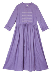 Beautiful Stand Collar Patchwork Lace Spring Pattern Shape Purple Plus Size Dress - bagstylebliss