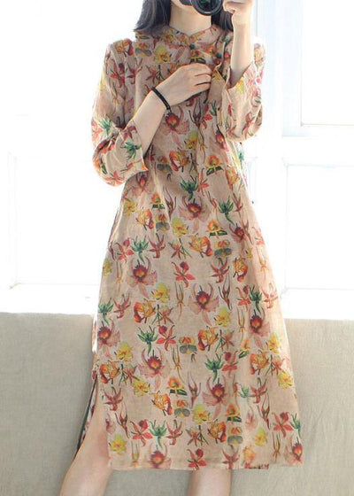 Beautiful Stand Collar Side Open Dresses Tunic Tops Print Long Dress - bagstylebliss