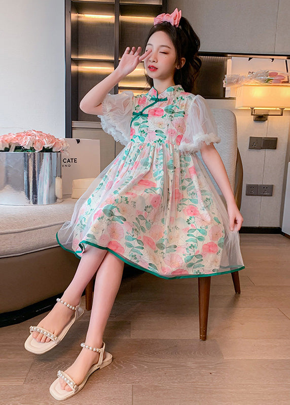 Beautiful Stand Collar Tulle Patchwork Button Girls Mid Dress Summer