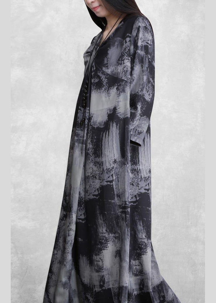 Beautiful V Neck Asymmetric Quilting Clothes Design Gray Print Maxi Dress - bagstylebliss