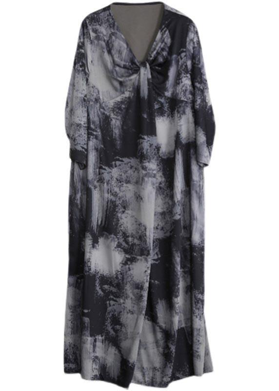 Beautiful V Neck Asymmetric Quilting Clothes Design Gray Print Maxi Dress - bagstylebliss