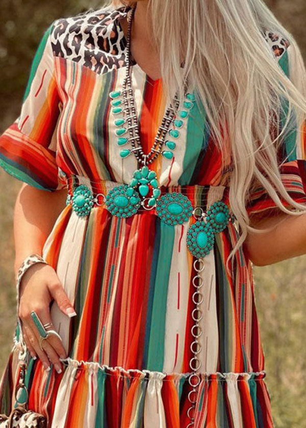 Beautiful V Neck Multi Striped Print Cinch Pleated Dresses Short Sleeve