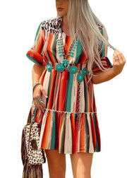 Beautiful V Neck Multi Striped Print Cinch Pleated Dresses Short Sleeve