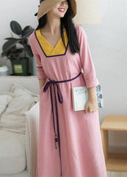 Beautiful V Neck Patchwork Spring Clothes Fabrics Pink Maxi Dress - bagstylebliss