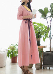 Beautiful V Neck Patchwork Spring Clothes Fabrics Pink Maxi Dress - bagstylebliss