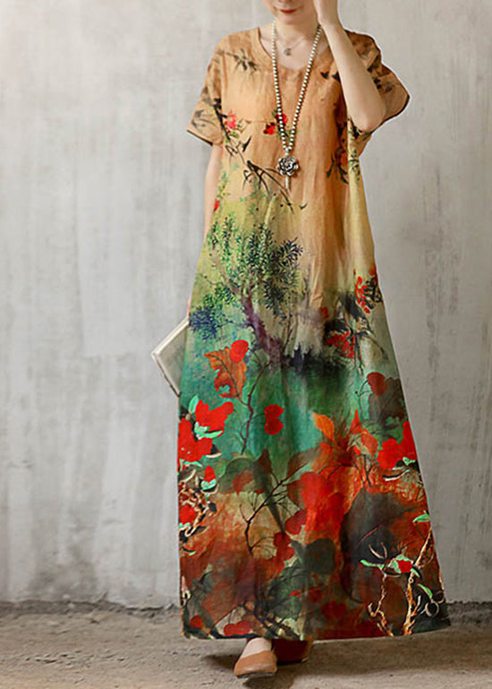 Beautiful V Neck Print Linen Long Dress Short Sleeve