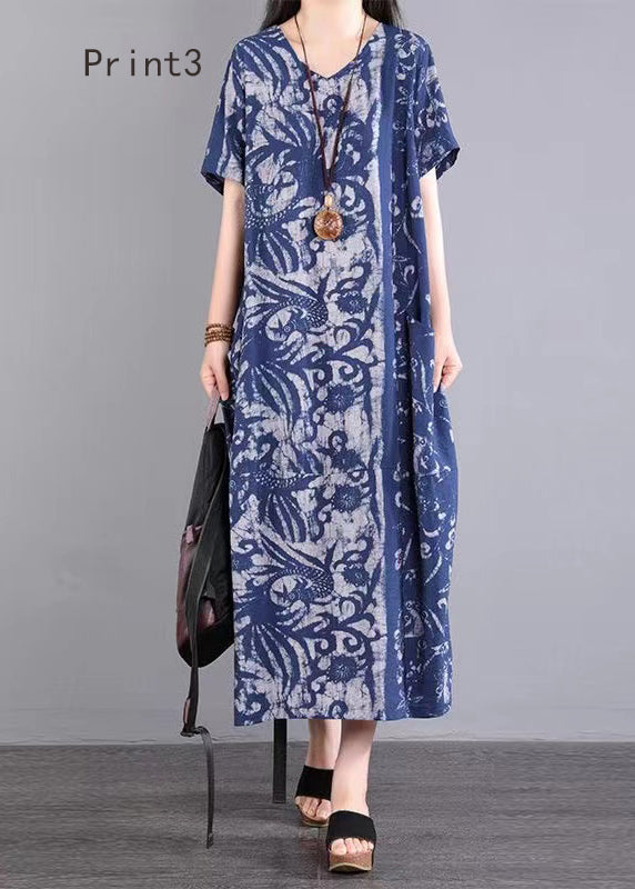 Beautiful V Neck Print Patchwork Cotton Long Dresses Summer