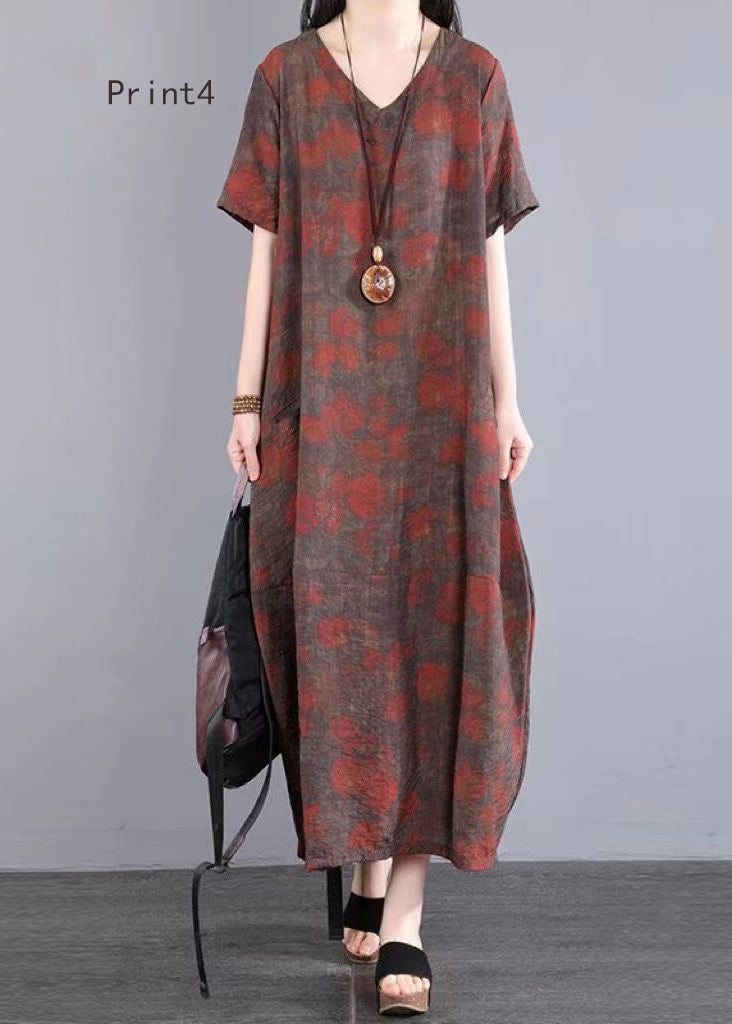 Beautiful V Neck Print Patchwork Cotton Long Dresses Summer