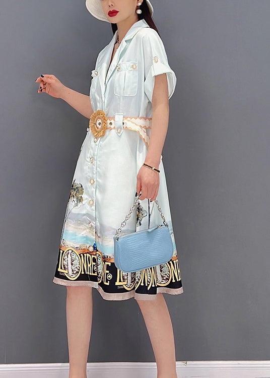 Beautiful White Button Peter Pan Collar Pockets Print Silk Shirt Dress Short Sleeve