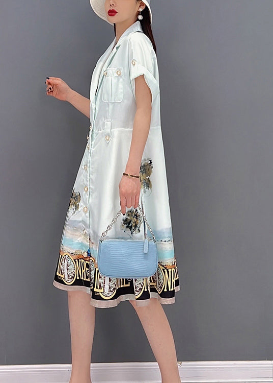 Beautiful White Button Peter Pan Collar Pockets Print Silk Shirt Dress Short Sleeve