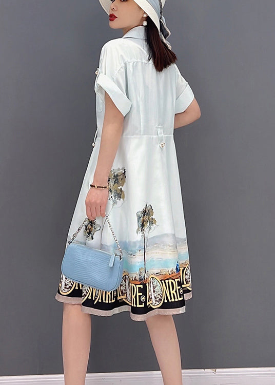 Beautiful White Button Peter Pan Collar Pockets Print Silk Shirt Dress Short Sleeve