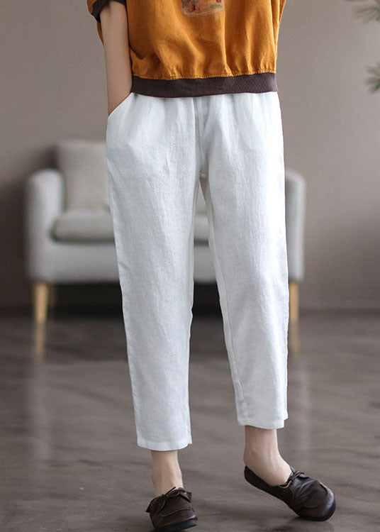 Beautiful White Elastic Waist Solid Linen Harem Pants Summer