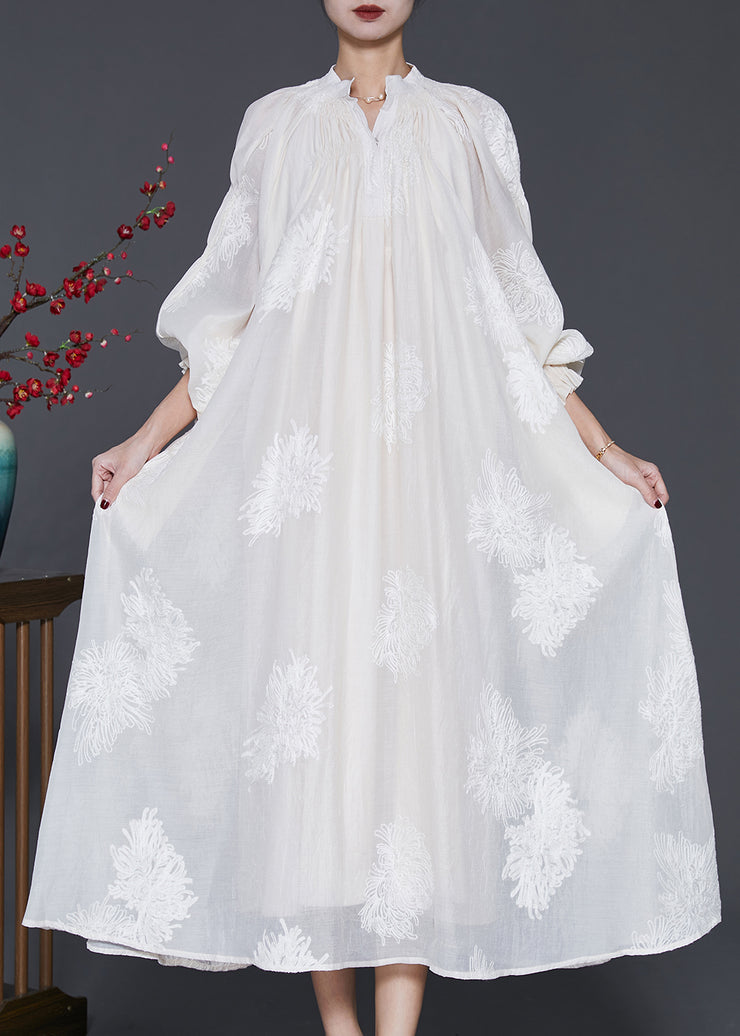 Beautiful White Embroidered Silk Maxi Dress Lantern Sleeve