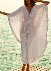 Beautiful White Patchwork Hollow Outkimono robe Summer Maxi Dress - bagstylebliss