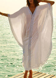 Beautiful White Patchwork Hollow Outkimono robe Summer Maxi Dress - bagstylebliss