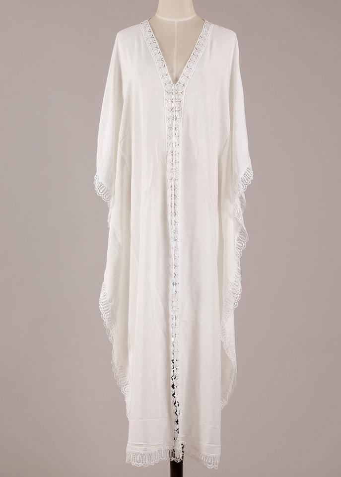 Beautiful White Patchwork Hollow Outkimono robe Summer Maxi Dress - bagstylebliss