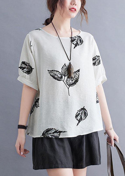 Beautiful White Print leaf Shirt Tops Summer Cotton Linen - bagstylebliss